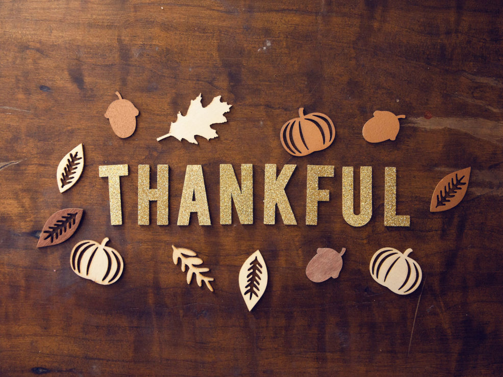 paper cuts that read Thankful on the floor gratitude